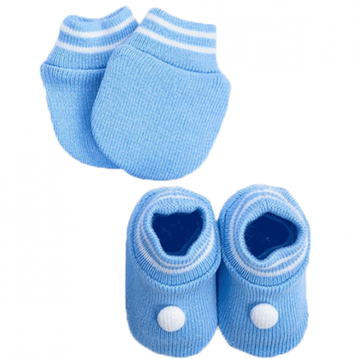 Kit RM Tricot  01 Par De Sapato E 01 Par De Luva Azul Tricô Tricart Baby RN