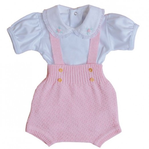 Conjunto Infantil Feminino Rosa Bebê Romper Em Tricot Com Body Bordado Milly Baby Tam M