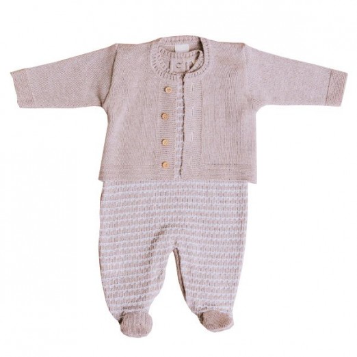 Conjunto Infantil Masculino Bege Macacão Em Tricot Blusa de Frio Com Botões Milly Baby Tam P