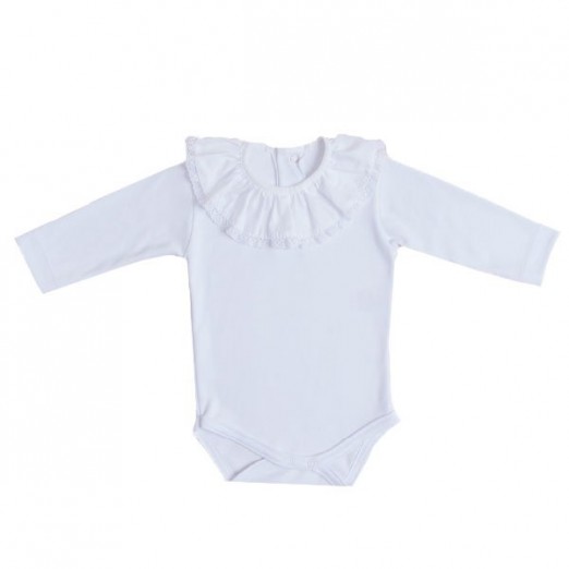 Body Longo Infantil Feminino 100% Algodão Off White Com Babado Milly Baby Tam RN