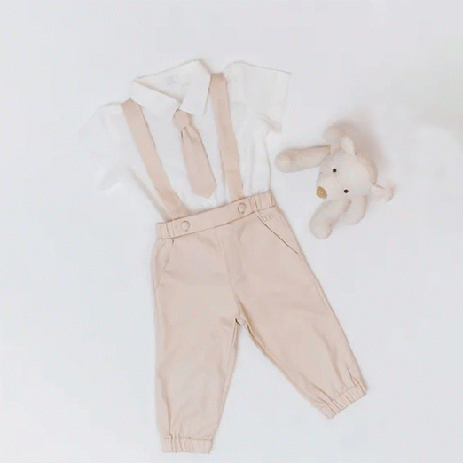 Conjunto Batizado Calça Com Suspensório e Blusa Social com Gravata Infantil Masculino Creme Kafka Baby GG