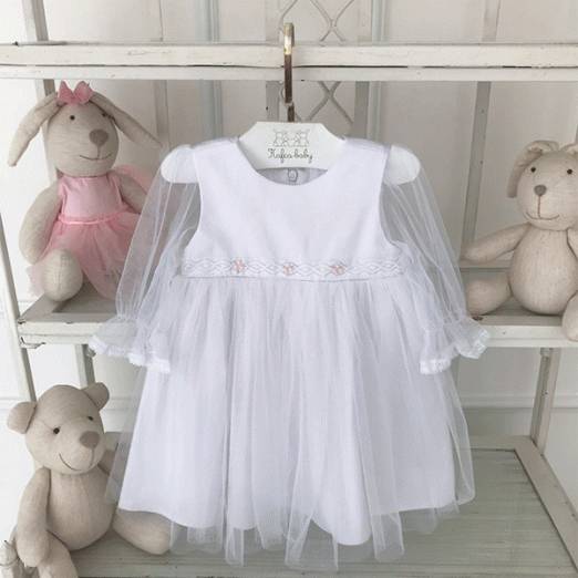 Vestido Batizado Com Bico e Tule Infantil Feminino Branco Kafka Baby G