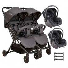 2 Carrinhos De Bebê Road Gêmeos Melange Preto + Bebê Conforto Cozycot Click + Conecetor kiddo 