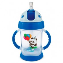 Copo de Treinamento com Canudo Happy Panda 250ml Azul Comtac