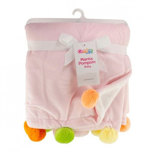 Manta Infantil Pompom Baby Rosa e Branco Comtac