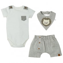 Conjunto Infantil Masculino Body Short e Babador Leãozionho Creme Grow Up 3M