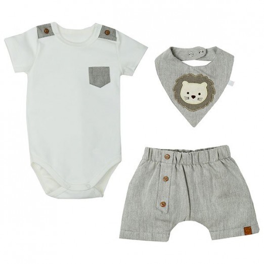 Conjunto Infantil Masculino Com Botões Body Short  e Babador Leãozionho Creme Grow Up 3M