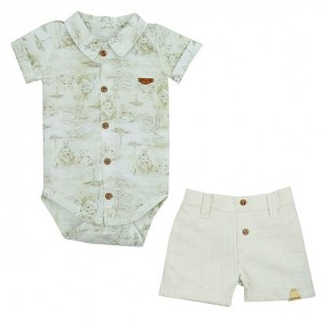 Conjunto Social Infantil Body e Short Happy Family Creme Grow Up 18M