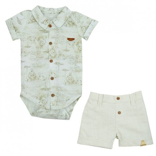 Conjunto Social Infantil Com Botões Body e Short Happy Family Creme Grow Up 24M