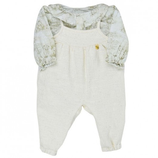 Conjunto Infantil Feminino Body Longo e Macacão Alcinha Lion Family Creme Grow Up 3M