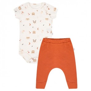 Conjunto Body Curto Infantil e Calça Saruel Ursinhos e Raposas Creme e Terracota Hug G