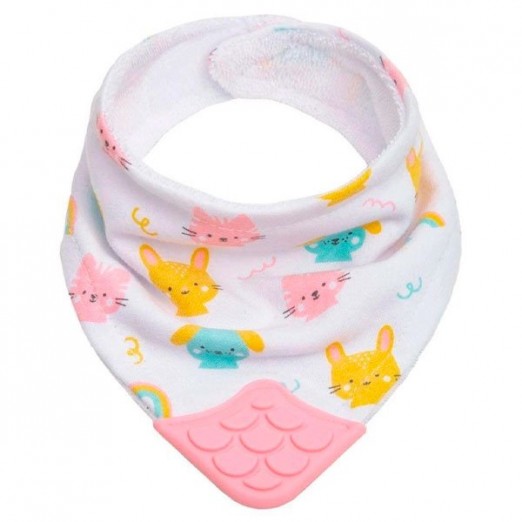 Babador Bandana Infantil Com Mordedor Na Ponta Para Menina Bichinhos Amigos Rosa Buba +4M