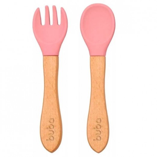 Kit Colher e Garfo Infantil de Bambu e Silicone Rosa Buba