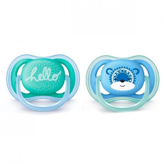 Kit Chupeta Ultra Air Para Menino Hello e Bichos Azul e Verde Avent 06-18M