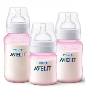 Kit com 3 Mamadeiras Anti-Cólica Rosa Avent Philips 