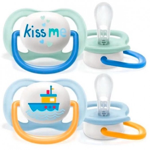 Kit Chupeta Ultra Air Para Menino Kiss Me e Barco Branco Azul e Amarelo Avent 00-06M