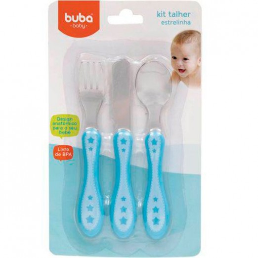 Kit talher infantil 3 peças estrelinha azul buba