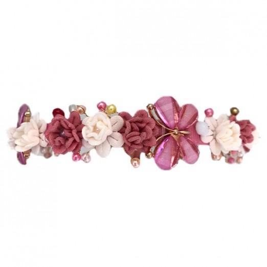 Arco Cabelo Com Pérolas Infantil Borboleta e Flores Rosa