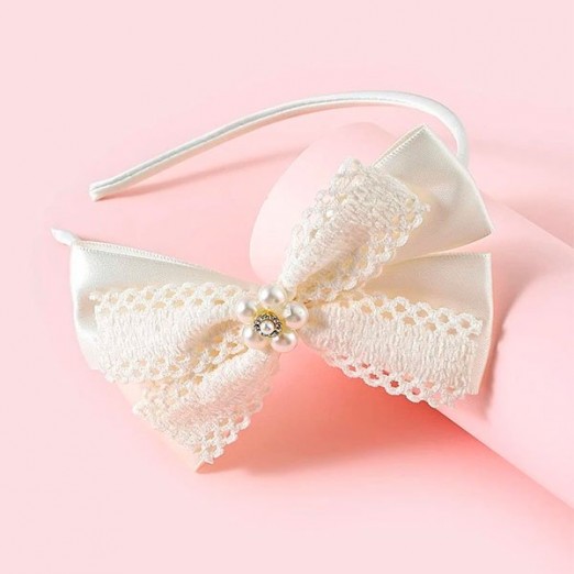 Arco Tiara Infantil Com Laço Off White Com Com Pérolas