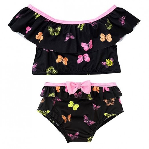 Biquíni Praia Infantil Cropped Ciganinha e Calcinha Preto Estampado Grow Up Tam P