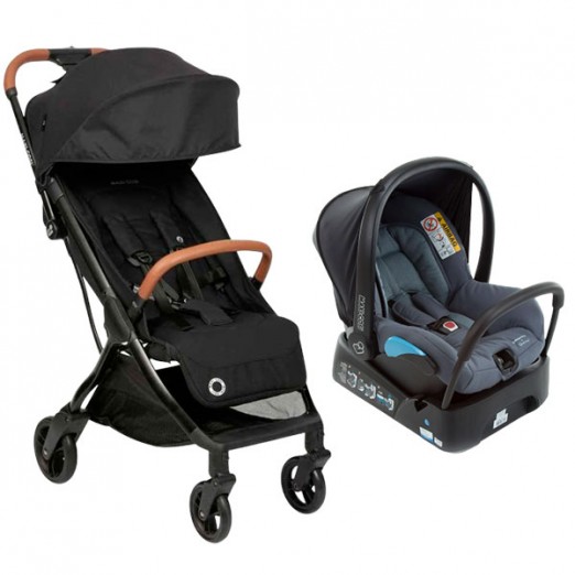 Carrinho Para Bebê Maxi Cosi Eva Essential Trio Travel System Graphite Com Mosquiteiro Capota Ampla Com Bebê Conforto e Adaptadores