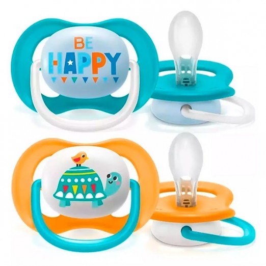 Kit Chupeta Ultra Air Para Menina Be Happy e Bichos Branco Azul e Amarelo Avent 6-18M