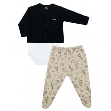 Conjunto Bebê Safari Preto Branco e Bege Mini Bear RN