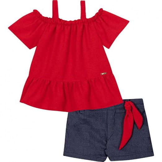 Conjunto Infantil Para Menina Blusa E Short Vermelho E Cinza Nini E Bambini Tam 06A