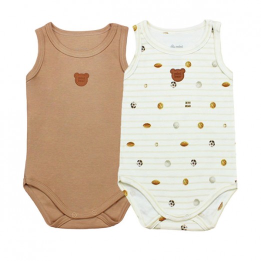 Conjunto 02 Bodys Bebê Para Menino Em Algodão Egípcio Esportes Off White e Marrom Mini Bear RN