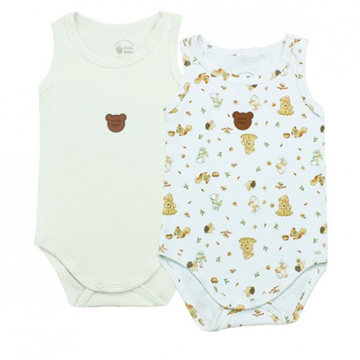 Conjunto 02 Bodys Bebê Para Menino Em Algodão Egípcio Bichinhos Off White Mini Bear M