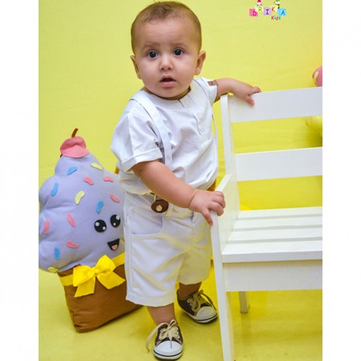 Conjunto Infantil Para Menino Camisa e Bermuda Bege Com Suspensório Drika Kids Tam 03 Anos