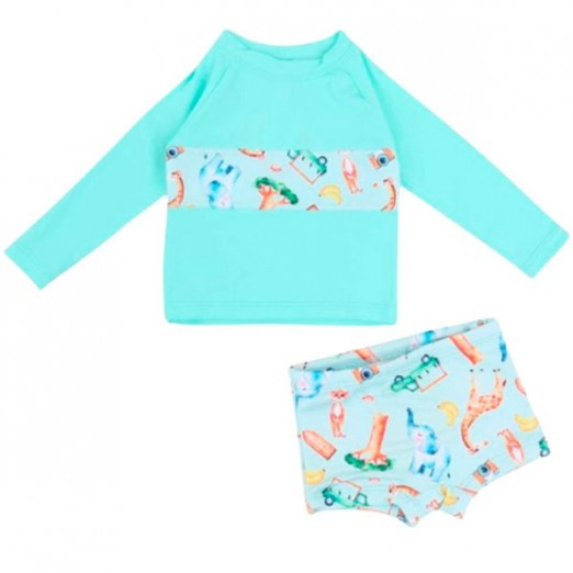 Conjunto Para Bebê De Praia Camiseta Boxer Safari Everly Verde Tam 0M