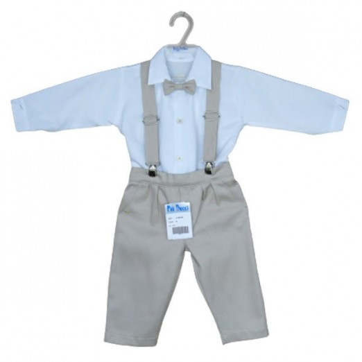 Conjunto Batizado Infantil Masculino Com Suspensório Branco e Bege Piu Ducci Tam 02 Anos