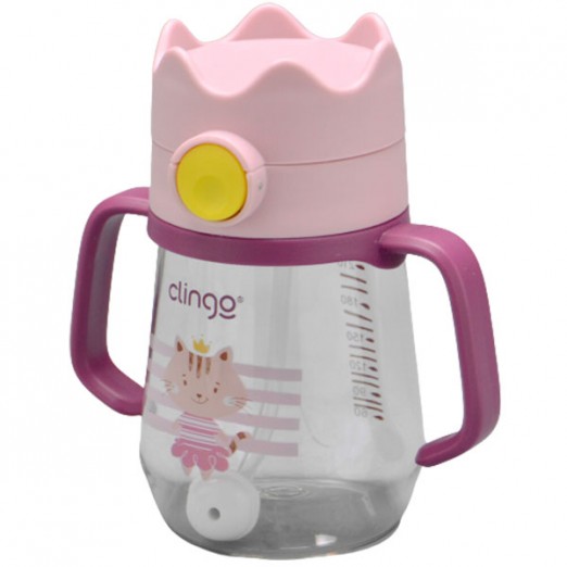 Copo De Transição Antivazamento De Tritan Com Alça E Canudo Gato Rosa 240ml Clingo