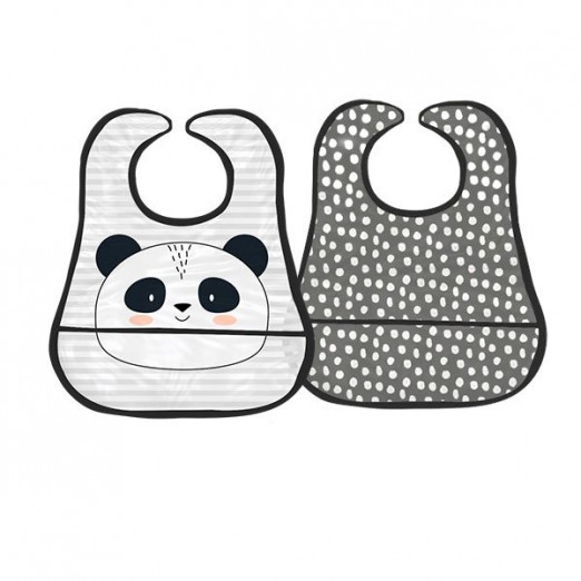 Kit Babadores Infantis Para Menino Em Silicone 2 Unidades Friends Panda Ben Papi Preto e Branco