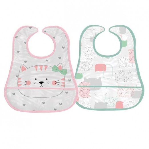 Kit Babadores Infantis Para Menina Em Silicone 2 Unidades Friends Gatinha Miau Papi Rosa