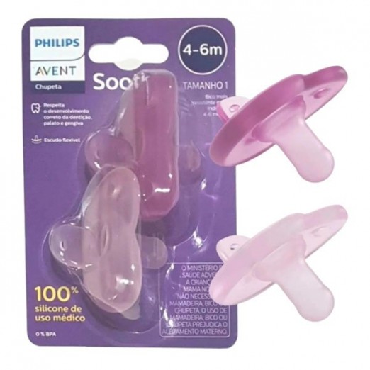 Kit Chupeta Soothie Para Menina 100% Silicone Rosa Avent 4-6M