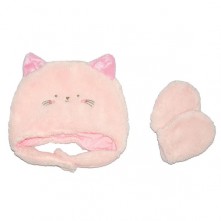 Kit Infantil Gorro e Luvas em Micro Fibra Gata Rosa Baby Joy Funny