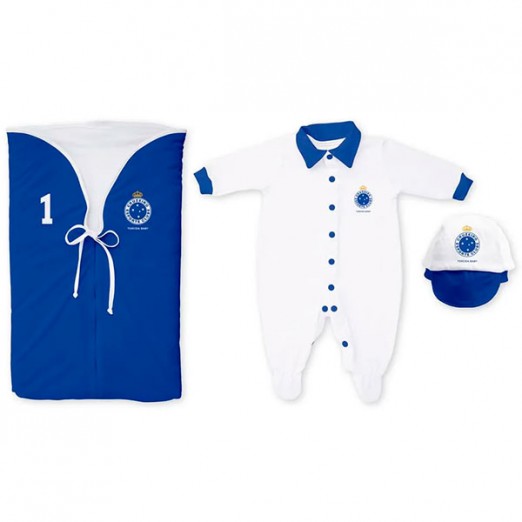 Kit Saída Maternidade Cruzeiro Para Menino Com Macacão Saco de Dormir e Boné Branco e Azul Torcida Baby Tam Único