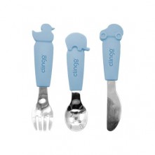 Kit Talheres Animais Metal Silicone Azul Clingo