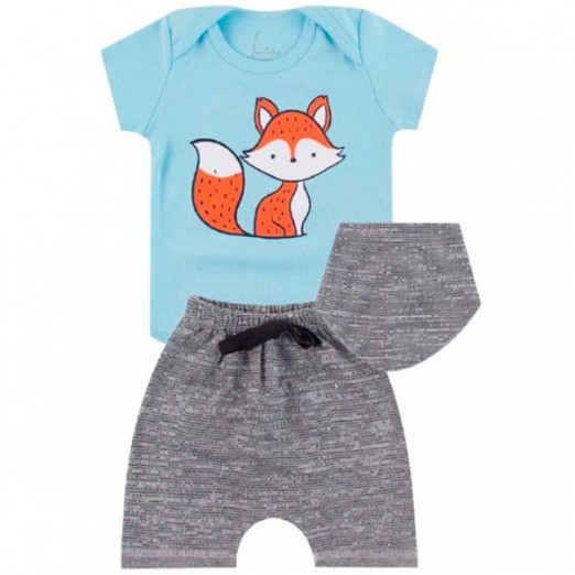 Kit com Body Short Menino Azul Tamanho P Estampa Raposa Roby Kids