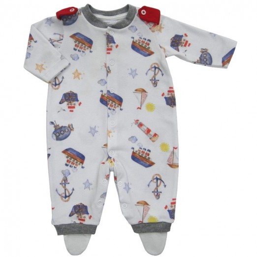 Macacão De Bebê Para Menino De Algodão Branco Navio Baby Fashion Tam RN