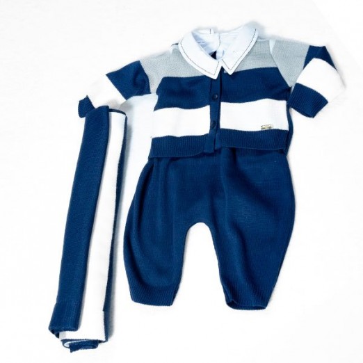 Saída De Maternidade Infantil Manta Casaco E Jardineira y Tricolor RN Azul Marinho Tricart Baby