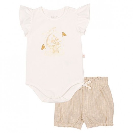 Conjunto De Bebê Para Menina Body e Short Branco e Bege Estampado Nini E Bambini Tam P