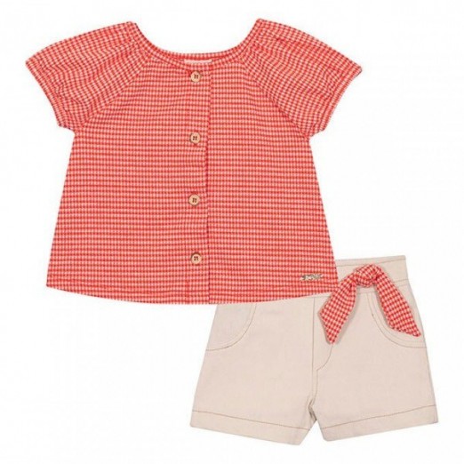 Conjunto Infantil Para Menina Blusa E Short Vermelho E Bege Nini E Bambini Tam 01A