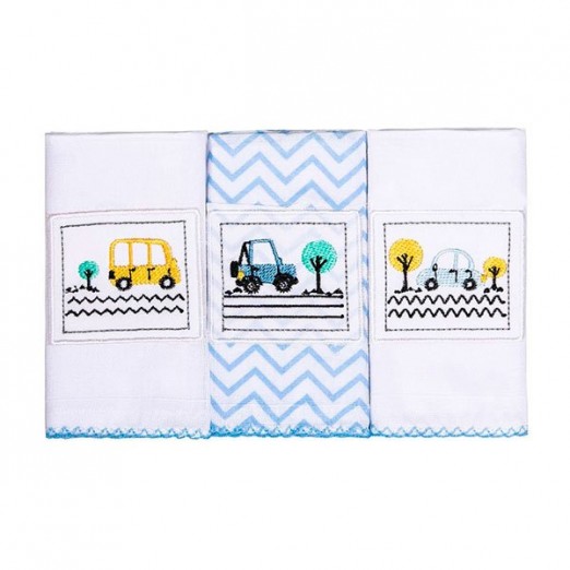 Kit Paninho de Boca Infantil Bordados Karinho Bibi 100% Algodão Branco e Azul Papi