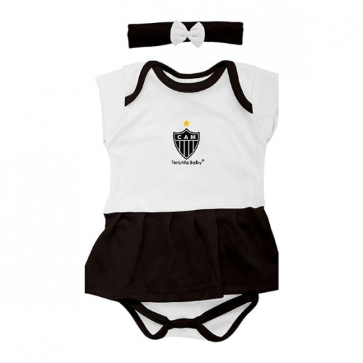 Vestido Body Bebê Para Menina Atlético Branco e Preto Com Laço Torcida Baby Tam G