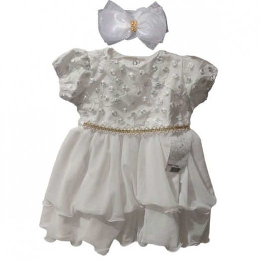 Vestido De Batizado Infantil Com Laço Para Cabelo Branco Djiele